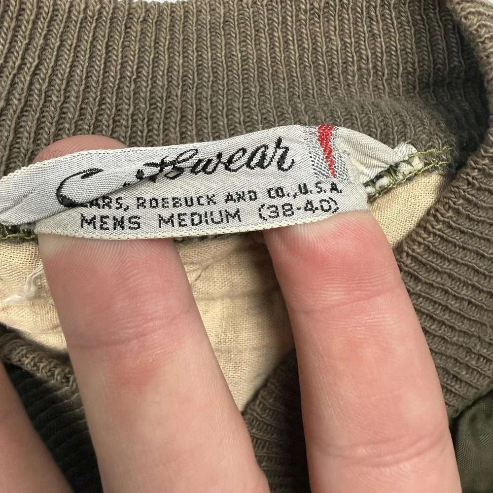 Vintage 1950's Sears Jacket Mens Medium Green Quilted Nylon Lined USA Workwear